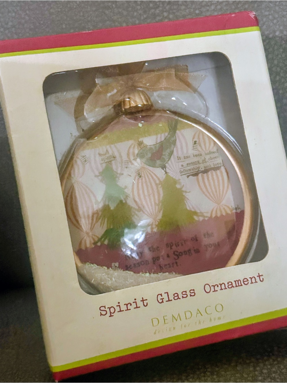 Demdaco Pink and Gold Glass Holiday Ornament with Tree Motif